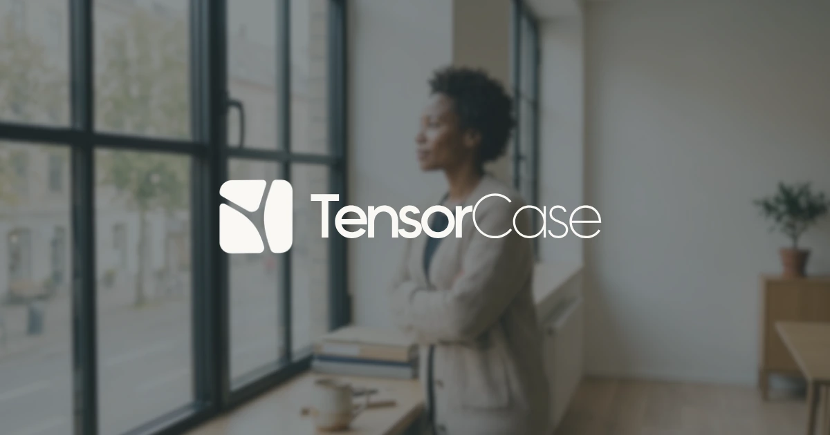 TensorCase logo over a portrait in an office